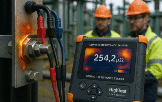 Close-up view of a bolted electrical busbar connection undergoing a four‑terminal contact resistance test